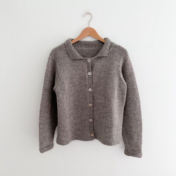 Hand Knit Taupe Cardigan Sweater Button Front Chunky Wool Knit Size S/M - Picture 1 of 9